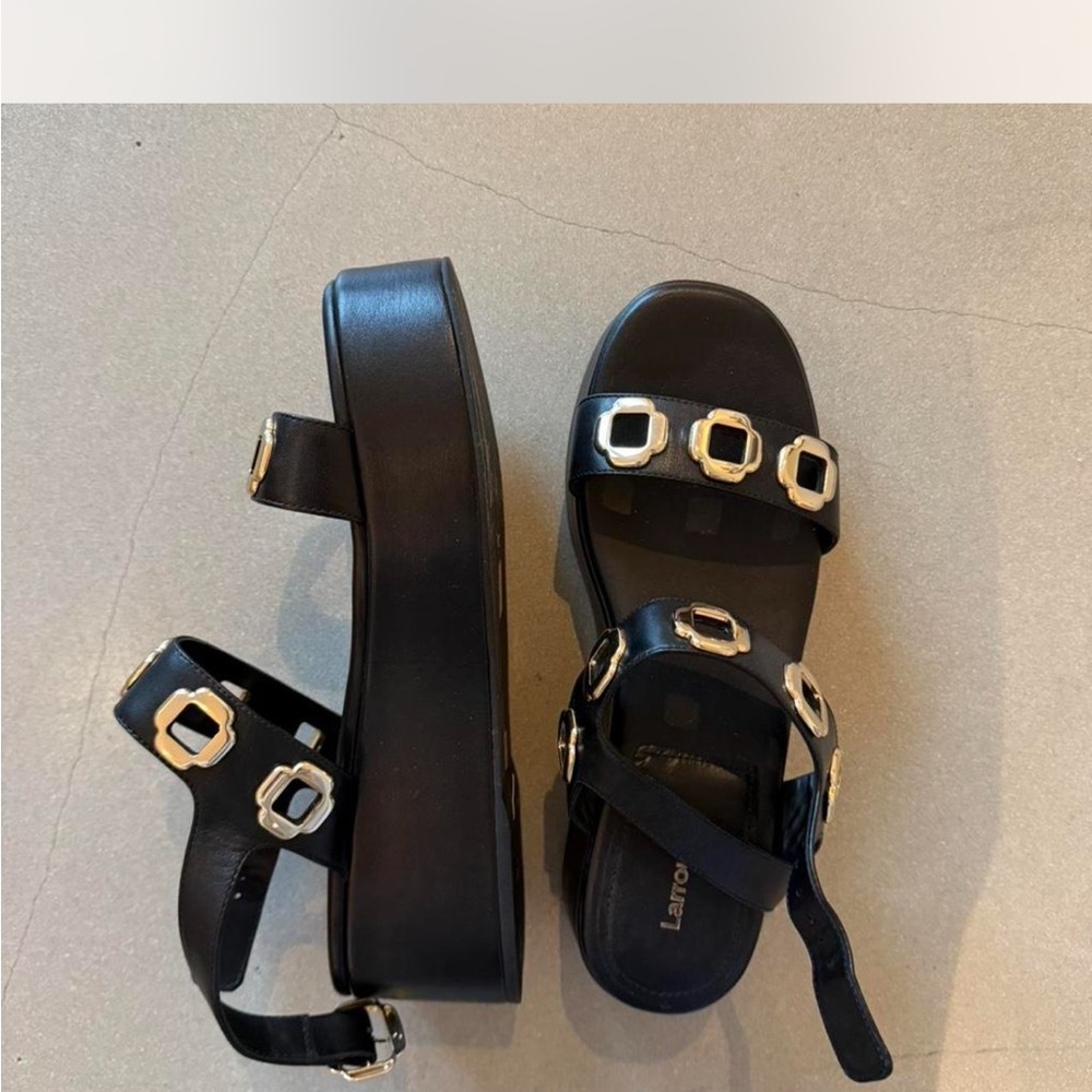 Larroude Milan Grommet Detail Black Platform Sandals with Gold Buckles